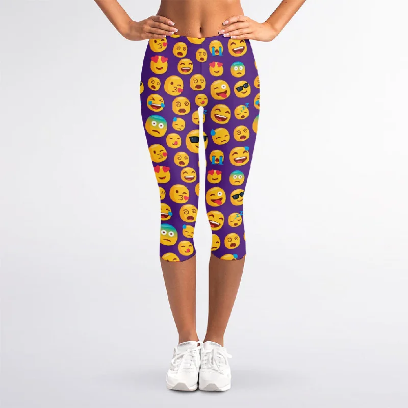 Purple Emoji Pattern Print Women's Capri Leggings