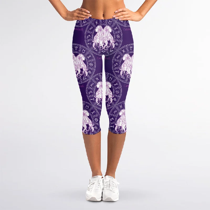 Purple Gemini Zodiac Pattern Print Women's Capri Leggings