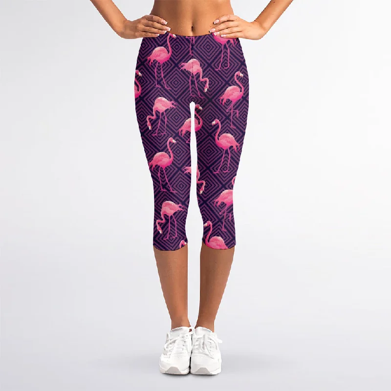 Purple Geometric Flamingo Pattern Print Women's Capri Leggings