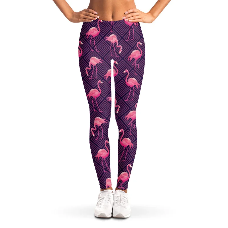 Purple Geometric Flamingo Pattern Print Women's Leggings