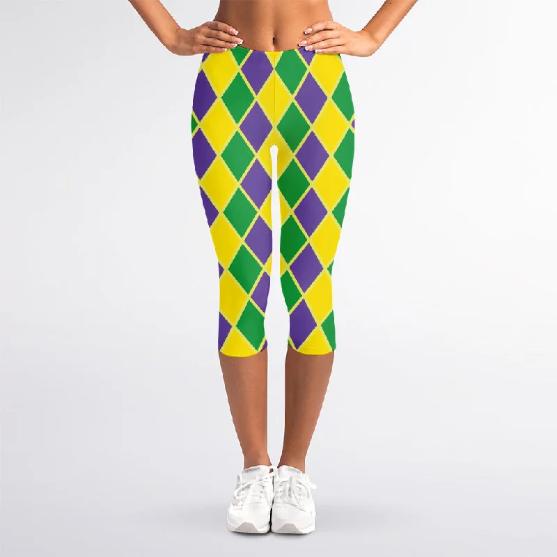 Purple Green And Yellow Mardi Gras Print Women's Capri Leggings