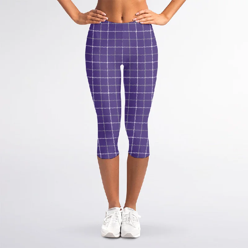 Purple Grey And White Tattersall Print Women's Capri Leggings