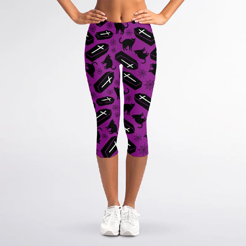 Purple Halloween Coffin Pattern Print Women's Capri Leggings