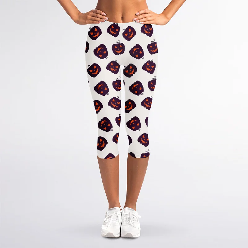 Purple Halloween Pumpkin Pattern Print Women's Capri Leggings