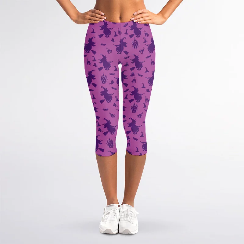 Purple Halloween Witch Pattern Print Women's Capri Leggings