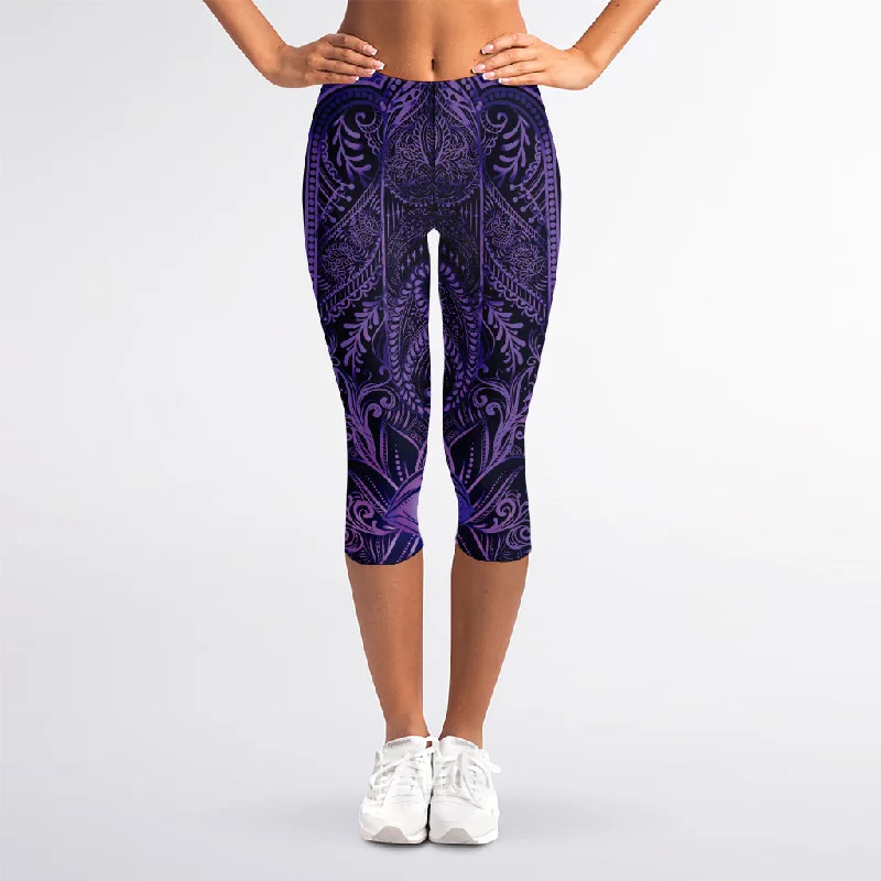 Purple Hamsa Hand Print Women's Capri Leggings