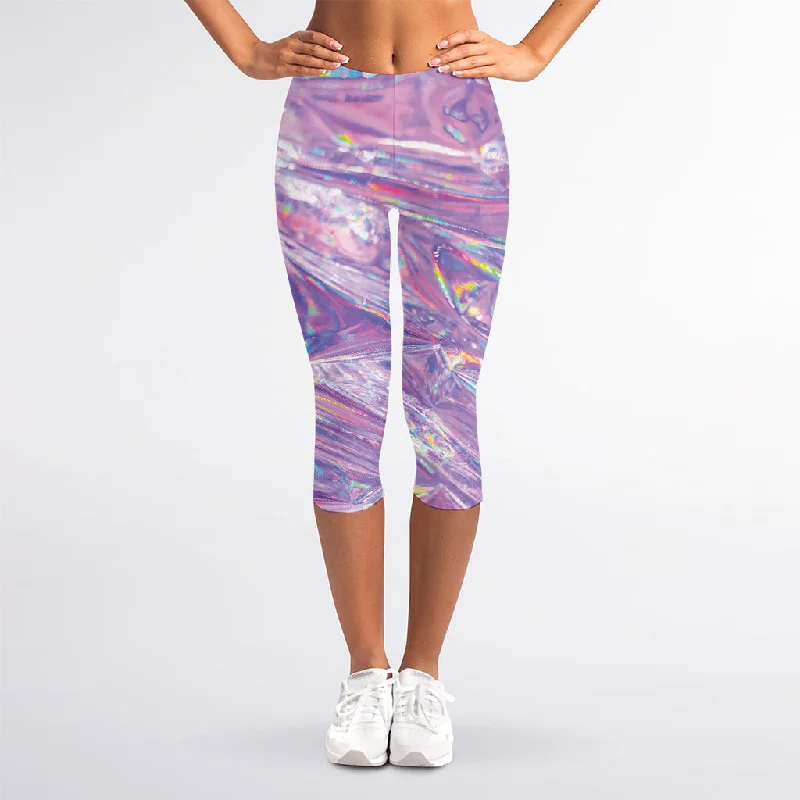 Purple Holographic Print Women's Capri Leggings