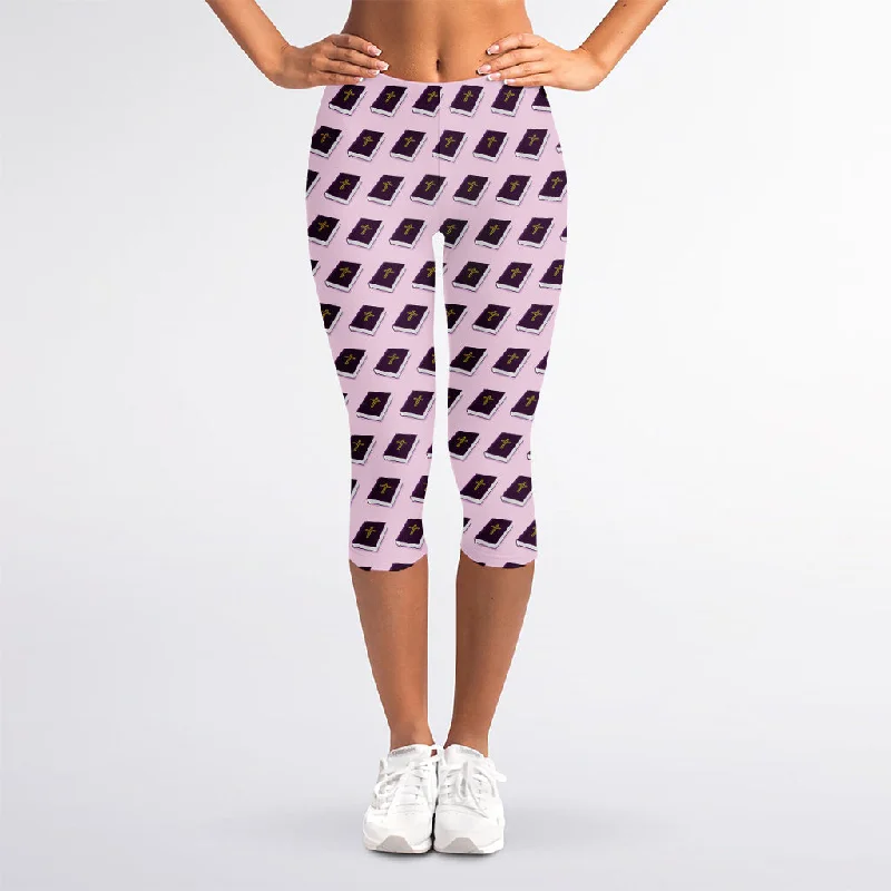 Purple Holy Bible Pattern Print Women's Capri Leggings