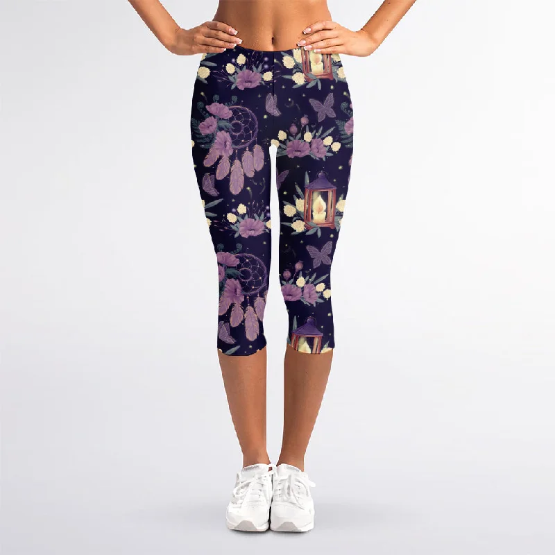 Purple Indian Dream Catcher Print Women's Capri Leggings