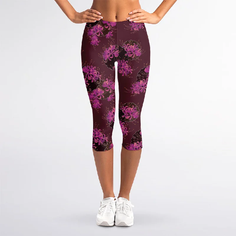 Purple Japanese Amaryllis Pattern Print Women's Capri Leggings