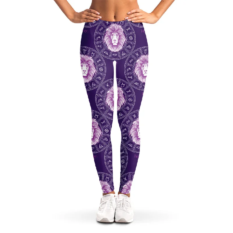 Purple Leo Zodiac Pattern Print Women's Leggings