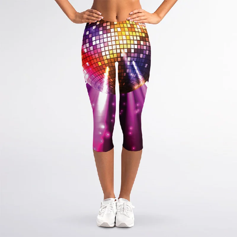 Purple Light Disco Ball Print Women's Capri Leggings