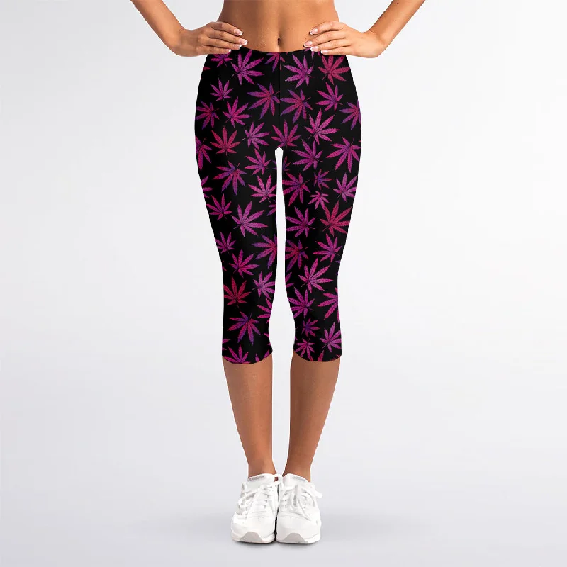 Purple Marijuana Leaf Pattern Print Women's Capri Leggings