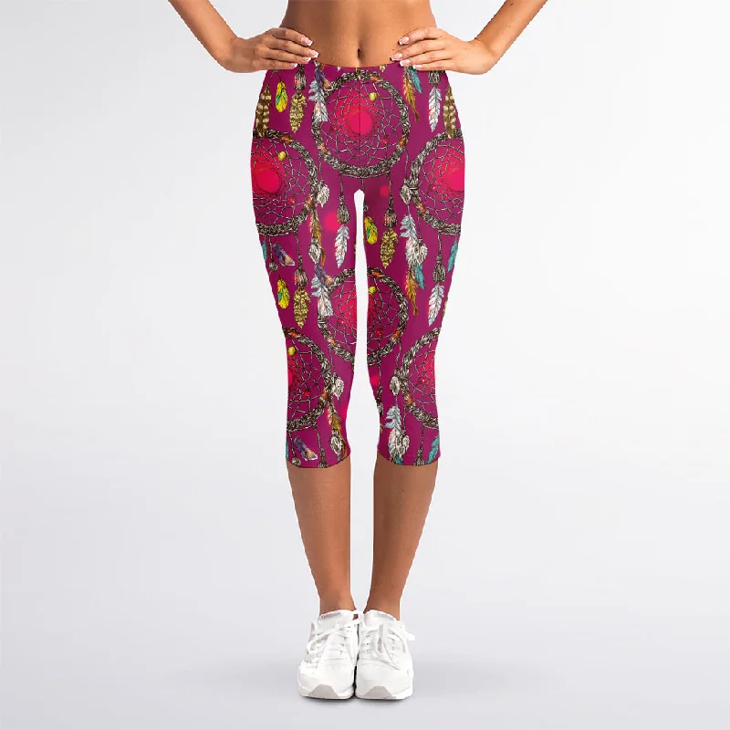 Purple Native Dream Catcher Print Women's Capri Leggings