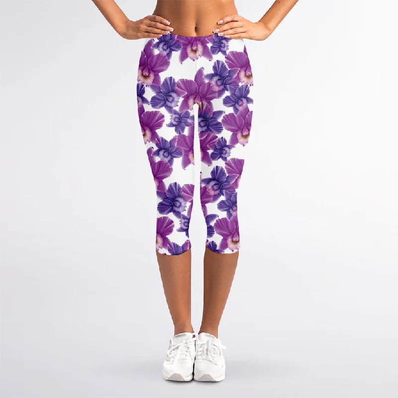 Purple Orchid Flower Pattern Print Women's Capri Leggings