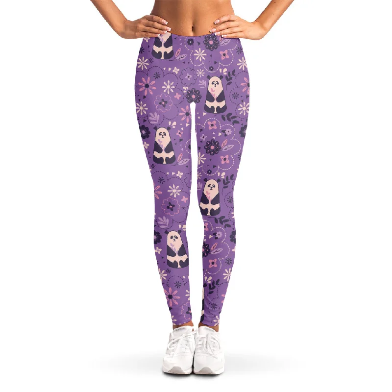 Purple Panda And Flower Pattern Print Women's Leggings