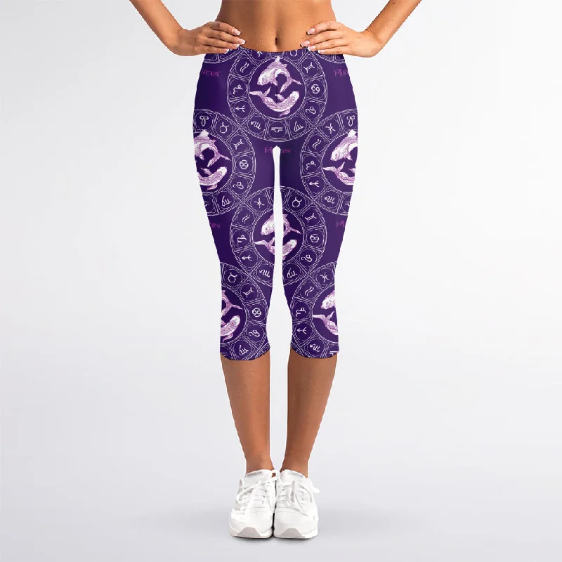 Purple Pisces Zodiac Pattern Print Women's Capri Leggings