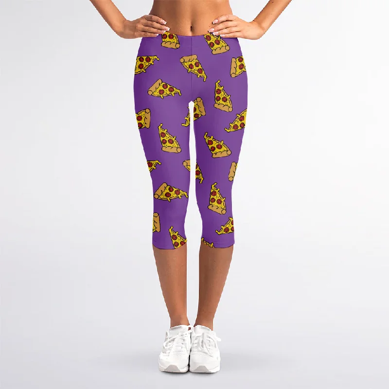 Purple Pizza Pattern Print Women's Capri Leggings