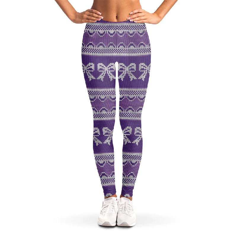 Purple Ribbon Knitted Pattern Print Women's Leggings