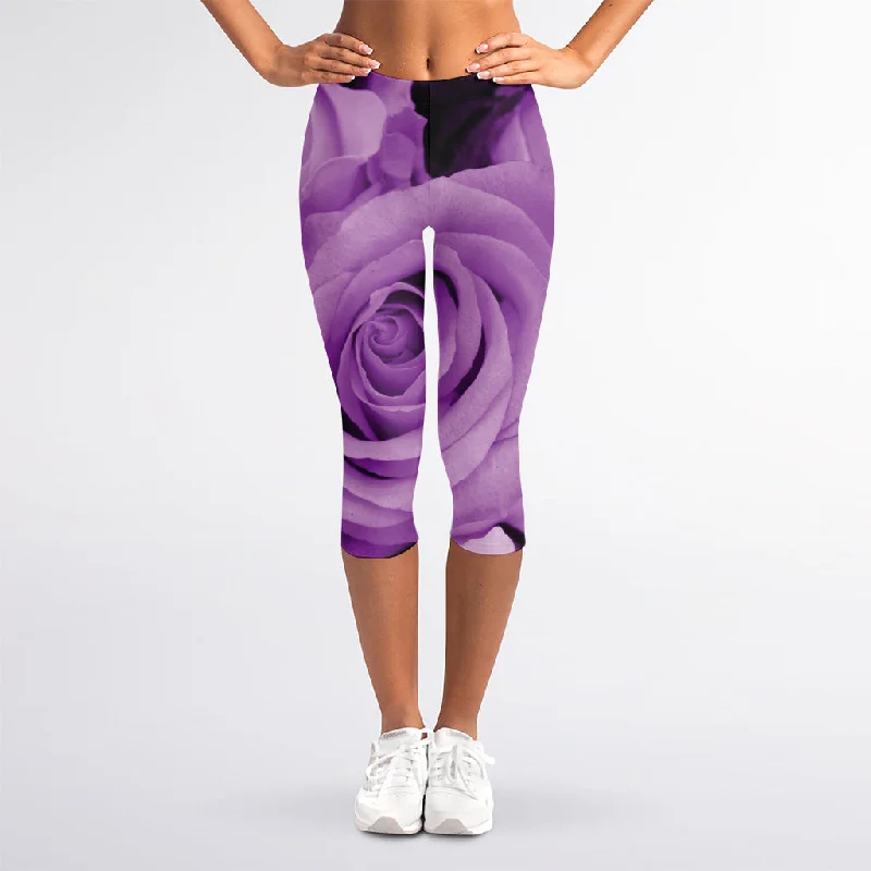 Purple Rose Print Women's Capri Leggings