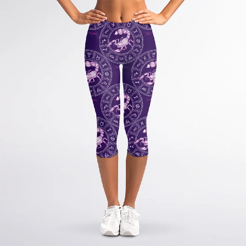 Purple Scorpio Zodiac Pattern Print Women's Capri Leggings