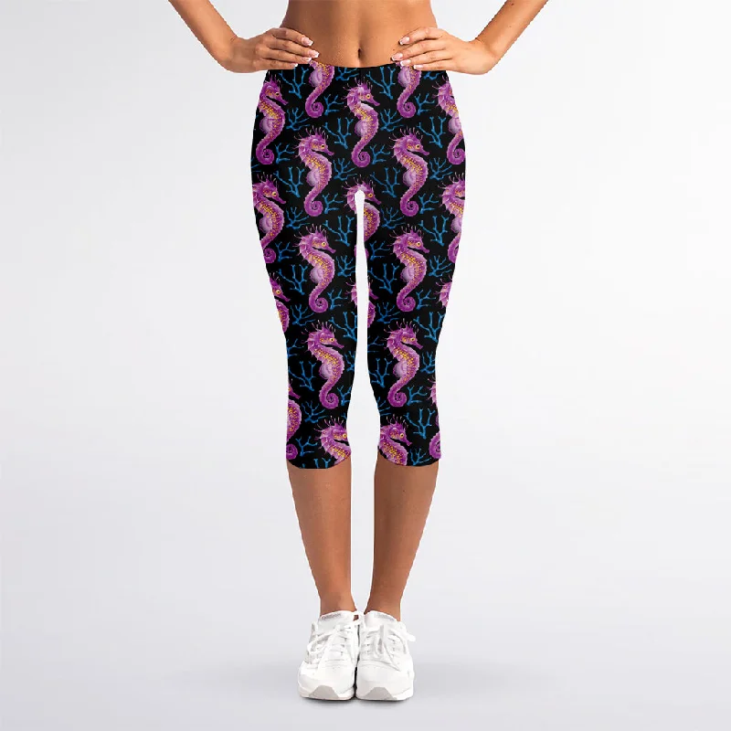 Purple Seahorse Pattern Print Women's Capri Leggings