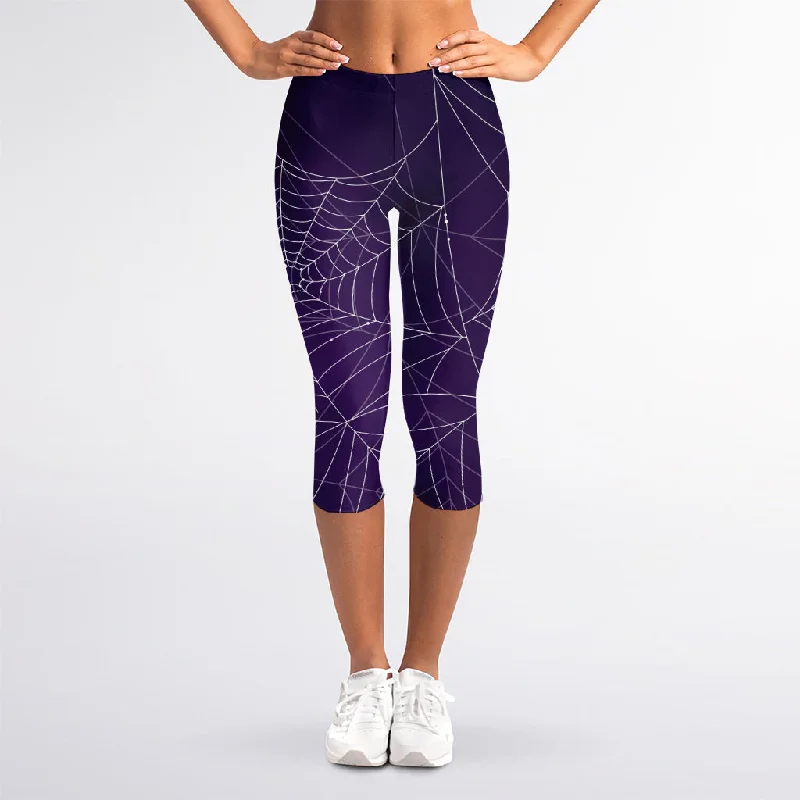 Purple Spider Web Pattern Print Women's Capri Leggings