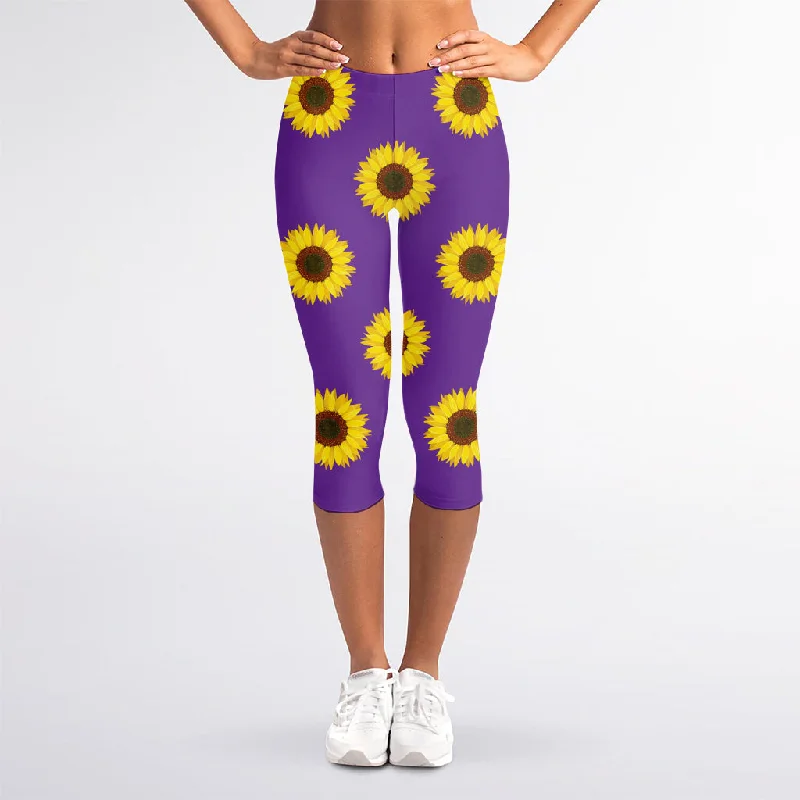 Purple Sunflower Pattern Print Women's Capri Leggings