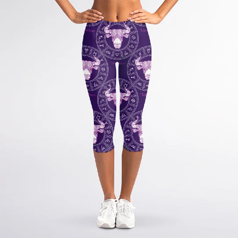 Purple Taurus Zodiac Pattern Print Women's Capri Leggings