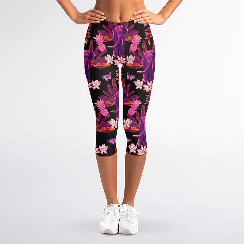 Purple Tropical Elephant Pattern Print Women's Capri Leggings