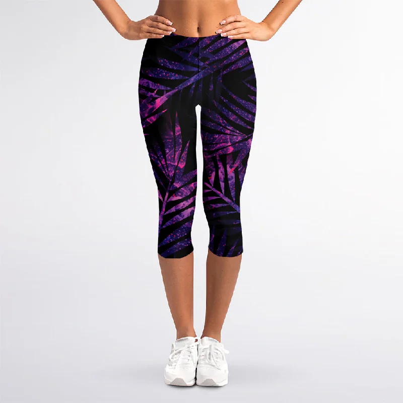 Purple Tropical Leaves Print Women's Capri Leggings