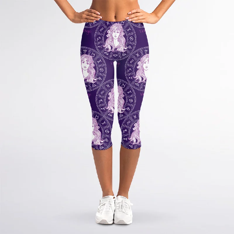 Purple Virgo Zodiac Pattern Print Women's Capri Leggings