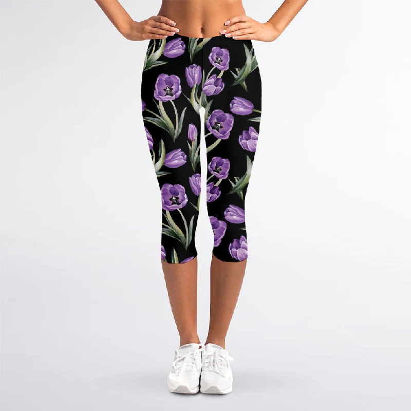 Purple Watercolor Tulip Pattern Print Women's Capri Leggings