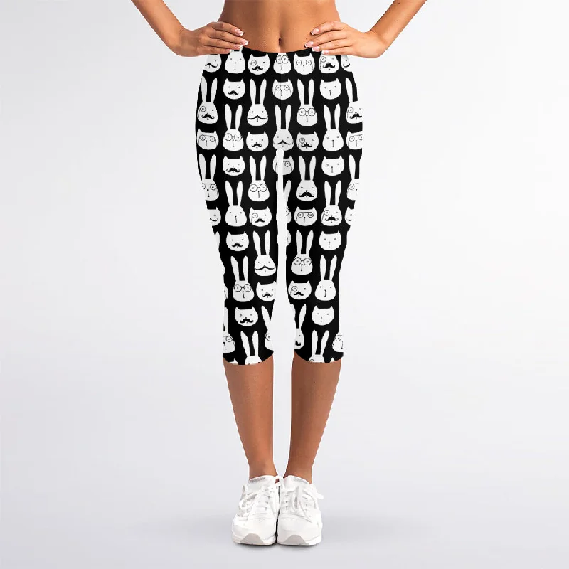 Rabbit And Cat Pattern Print Women's Capri Leggings