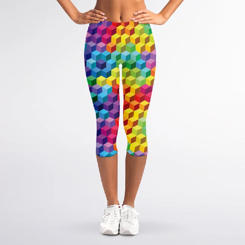 Rainbow Cubes Pattern Print Women's Capri Leggings