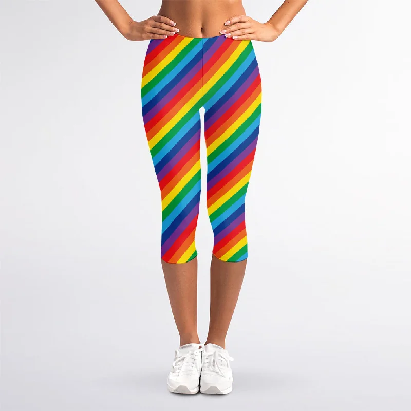 Rainbow Diagonal Striped Pattern Print Women's Capri Leggings