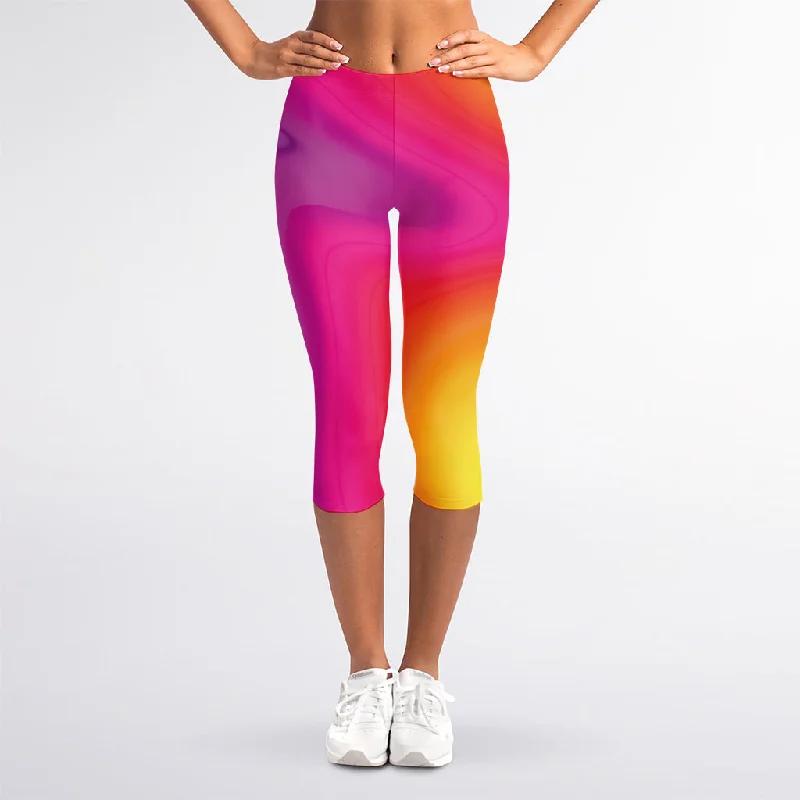 Rainbow Flow Print Women's Capri Leggings