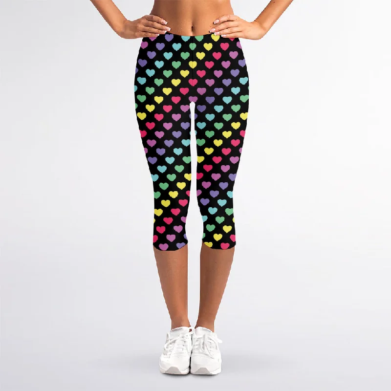 Rainbow Heart Pattern Print Women's Capri Leggings