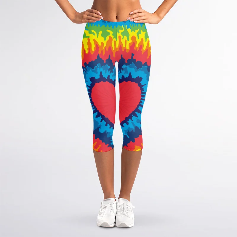 Rainbow Heart Tie Dye Print Women's Capri Leggings