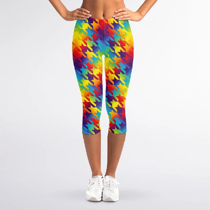 Rainbow Houndstooth Pattern Print Women's Capri Leggings