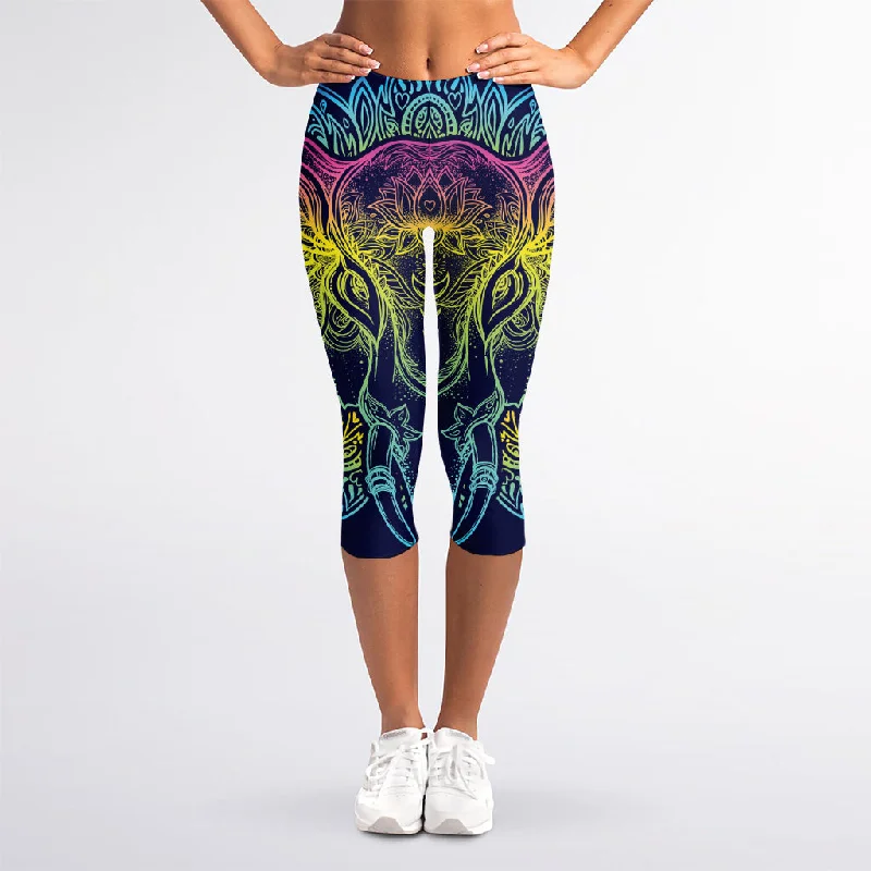 Rainbow Indian Elephant Print Women's Capri Leggings