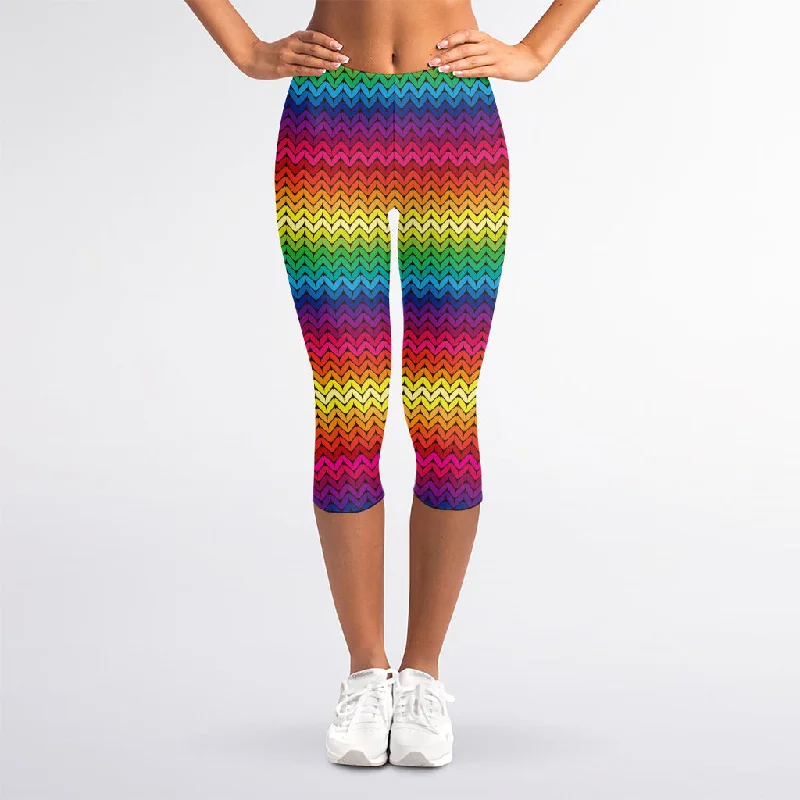 Rainbow Knitted Mexican Pattern Print Women's Capri Leggings