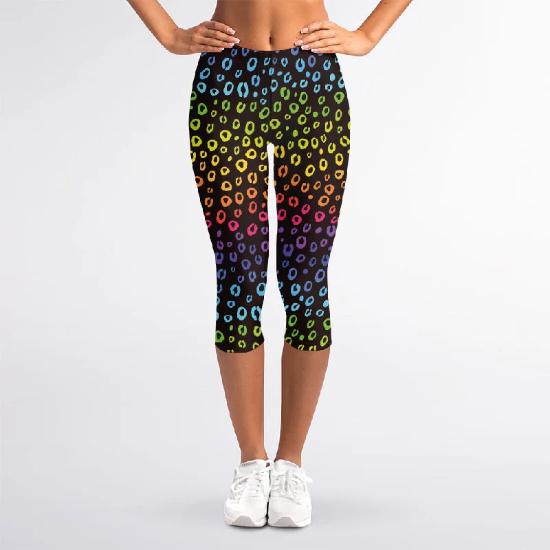 Rainbow Leopard Pattern Print Women's Capri Leggings