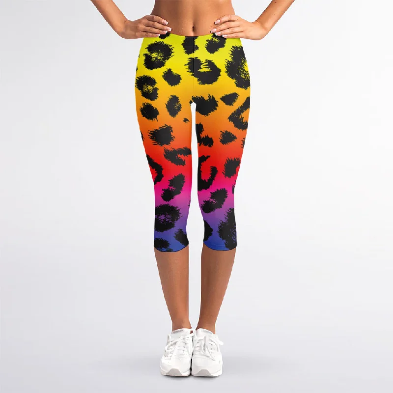 Rainbow Leopard Print Women's Capri Leggings