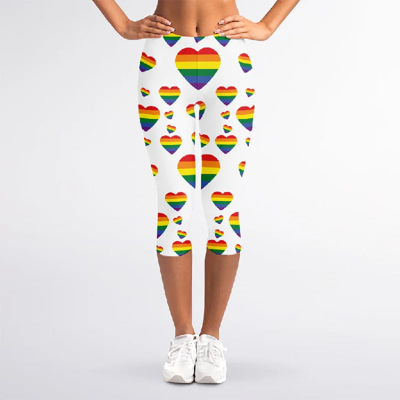 Rainbow LGBT Heart Pattern Print Women's Capri Leggings