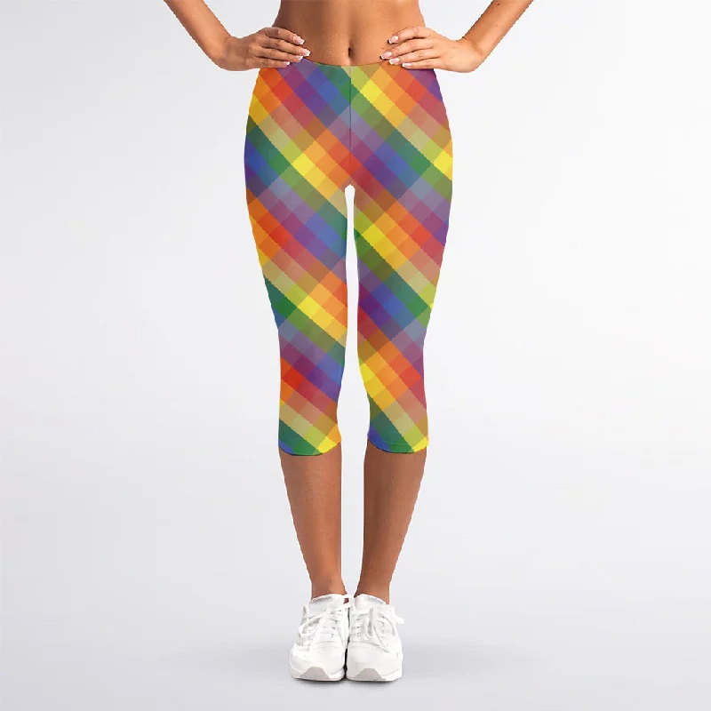 Rainbow LGBT Plaid Pattern Print Women's Capri Leggings