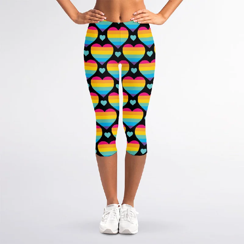 Rainbow LGBT Pride Heart Pattern Print Women's Capri Leggings