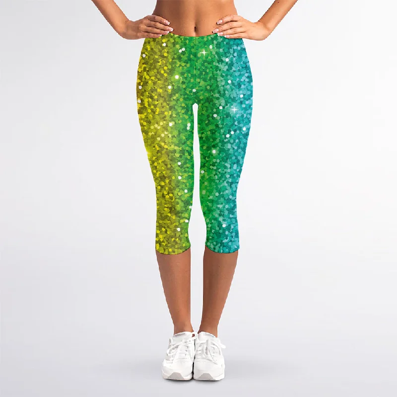 Rainbow (NOT Real) Glitter Print Women's Capri Leggings