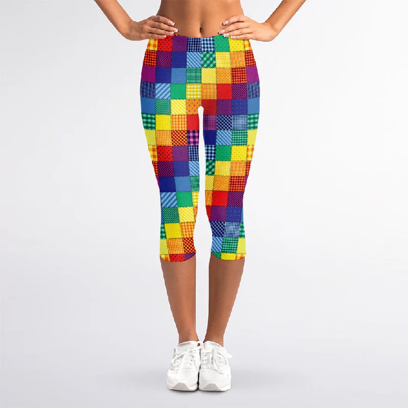 Rainbow Patchwork Pattern Print Women's Capri Leggings