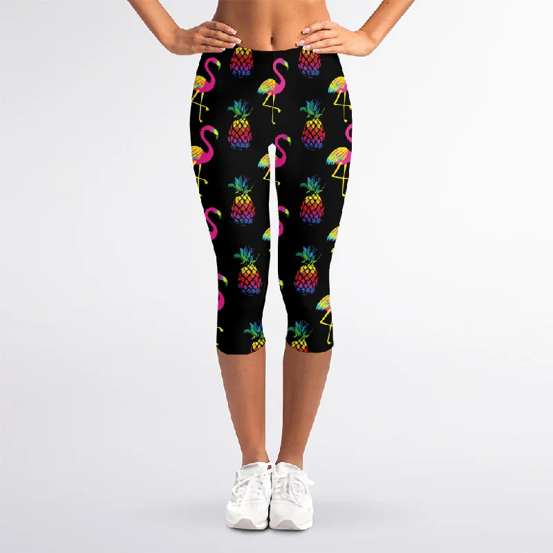 Rainbow Pineapple And Flamingo Print Women's Capri Leggings